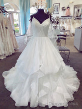 Spaghetti Straps V Neck White Wedding Dresses, V Neck White Puffy Wedding Gown, Bridal Dresses
